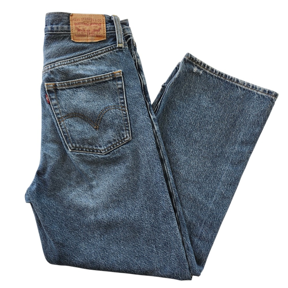 Levis Ribcage Straight Ankle Jeans Womens 27 Medium Wash Distressed Button Fly